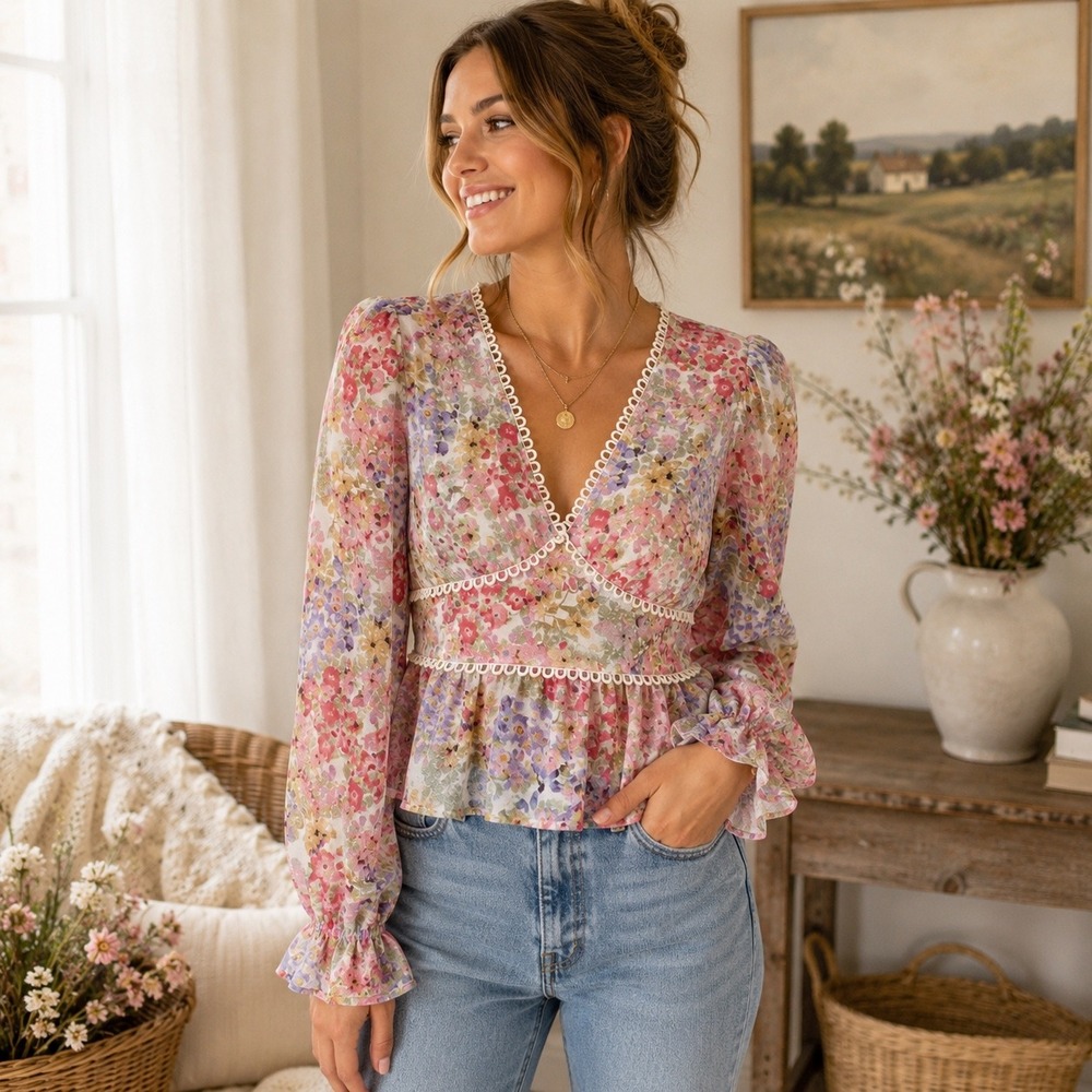 Live 4 Truth Floral Peplum Blouse Women's M Pink Purple Long Sleeve Cottagecore